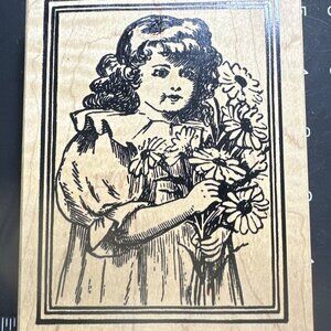 Vintage 1998 Stamp Francisco Rubber Wood Block Stamp Girl With Flowers